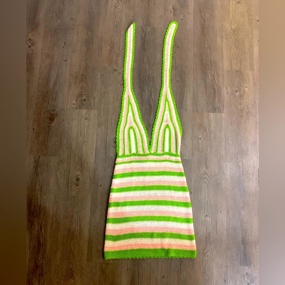 crochet green pink and white dress never worn from beginning boutique